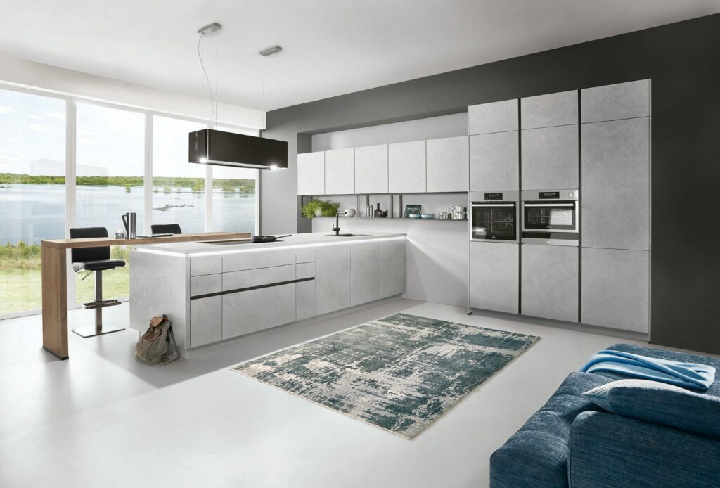 Nobilia Grey Stone Handleless Open Plan Kitchen 2021 1 | Bold Kitchens, Barnsley
