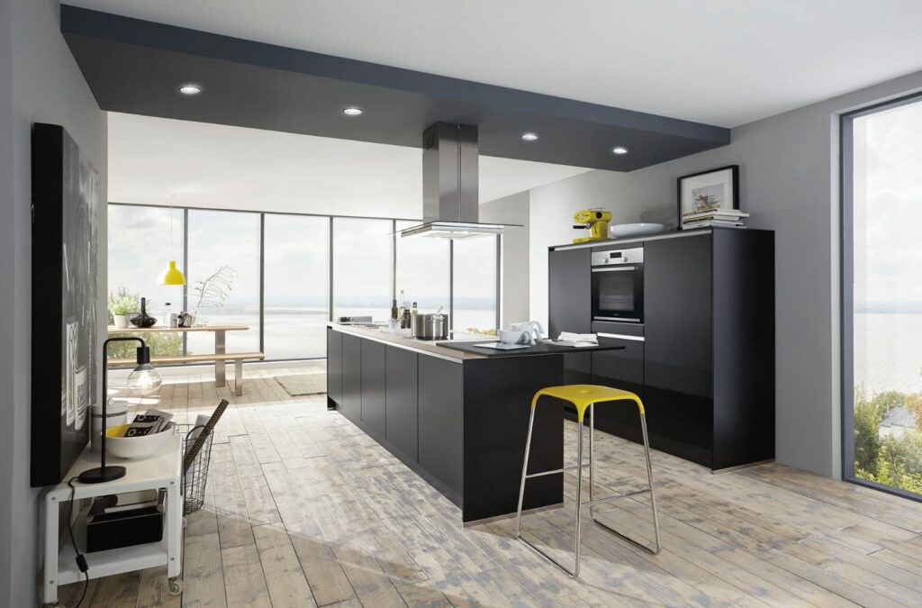 Nobilia Modern Matt Black Handleless Open Plan Kitchen With Island 2021 | Bold Kitchens, Barnsley