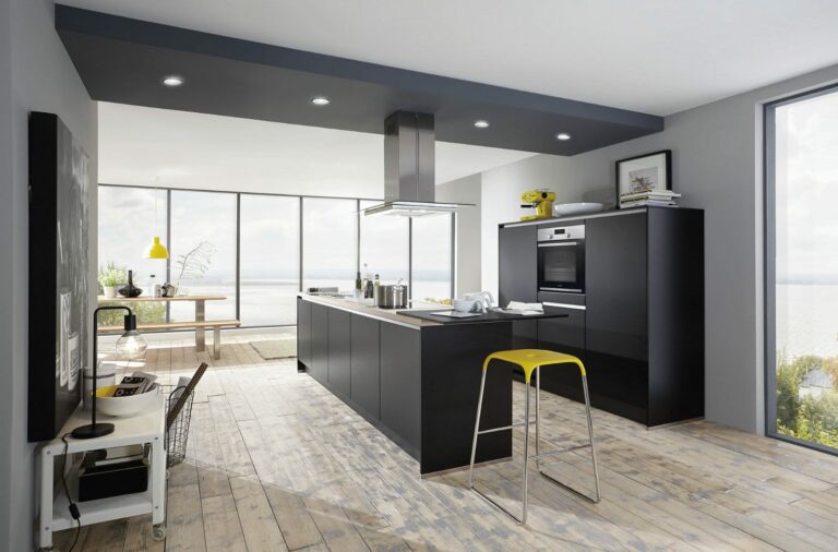 Nobilia Modern Matt Black Handleless Open Plan Kitchen With Island 2021 | Bold Kitchens, Barnsley