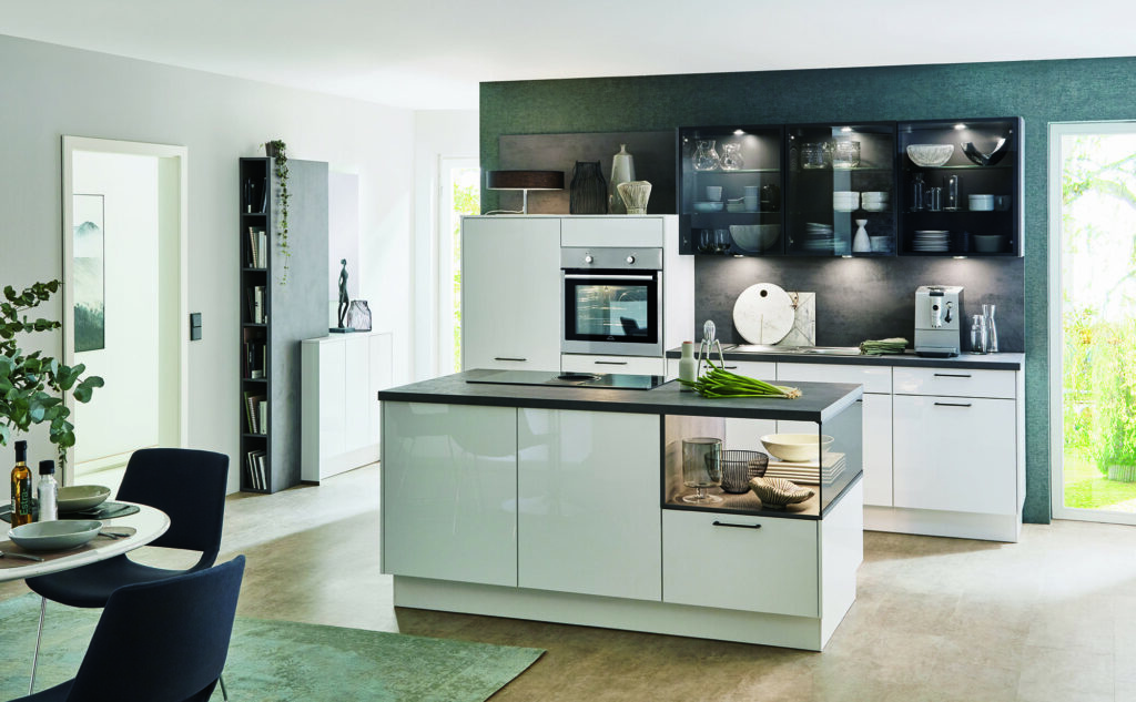 Nobilia White Gloss Compact Kitchen With Island 2021 1 | Bold Kitchens, Barnsley