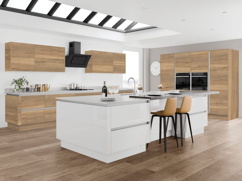 Jjo Wood Handleless Kitchen With Gloss Island | Totally Kitchens, Southampton