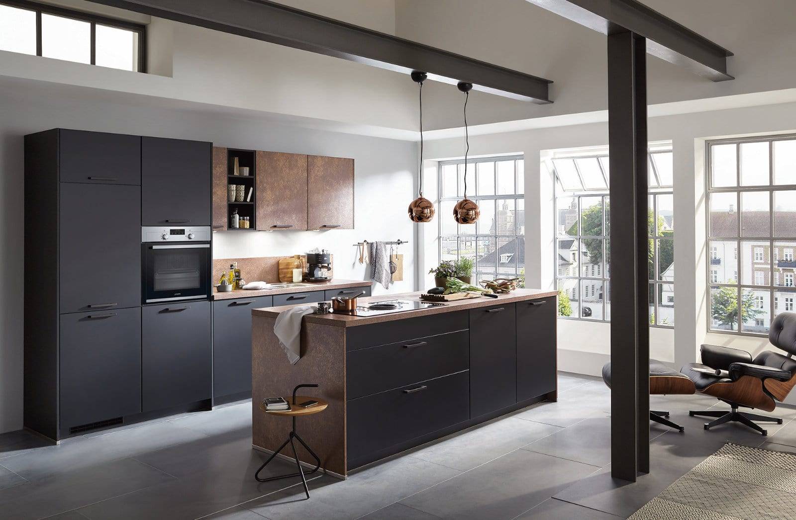 Nobilia Matt Black Bronze Open Plan Kitchen With Island 2021 1 | Modus Kitchens, London
