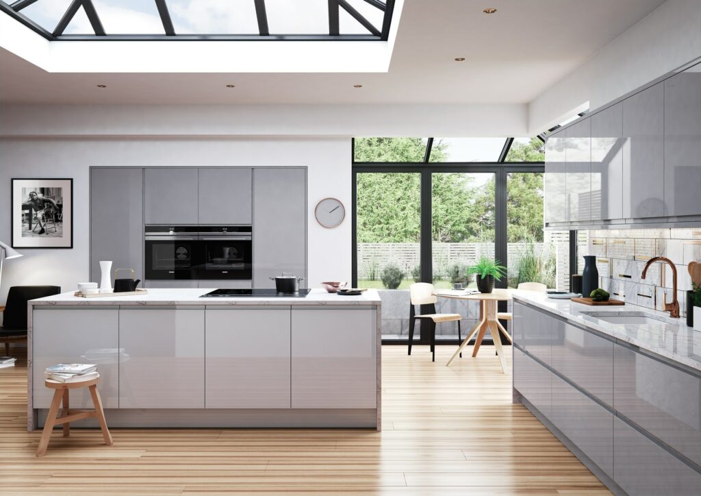 Strada Gloss Dust Grey And Light Grey Handleless Kitchen With Island 1 | House of Harrogate, Harrogate