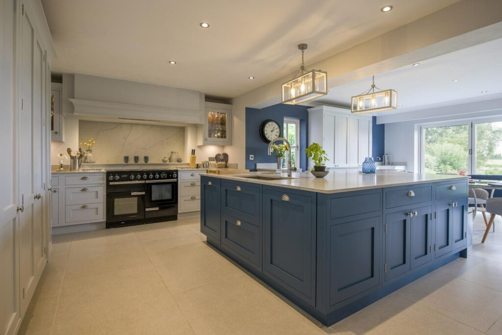 White Shaker Kitchen With Blue Island | House of Harrogate, Harrogate