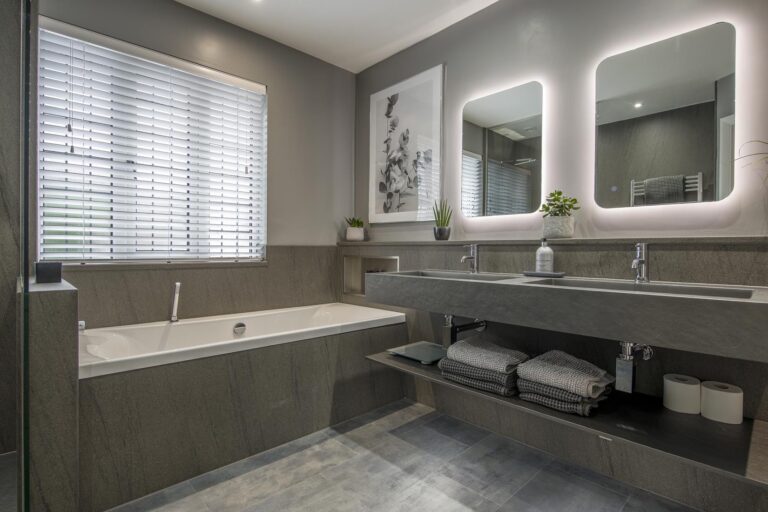 Grey Bathroom with Lighting Features