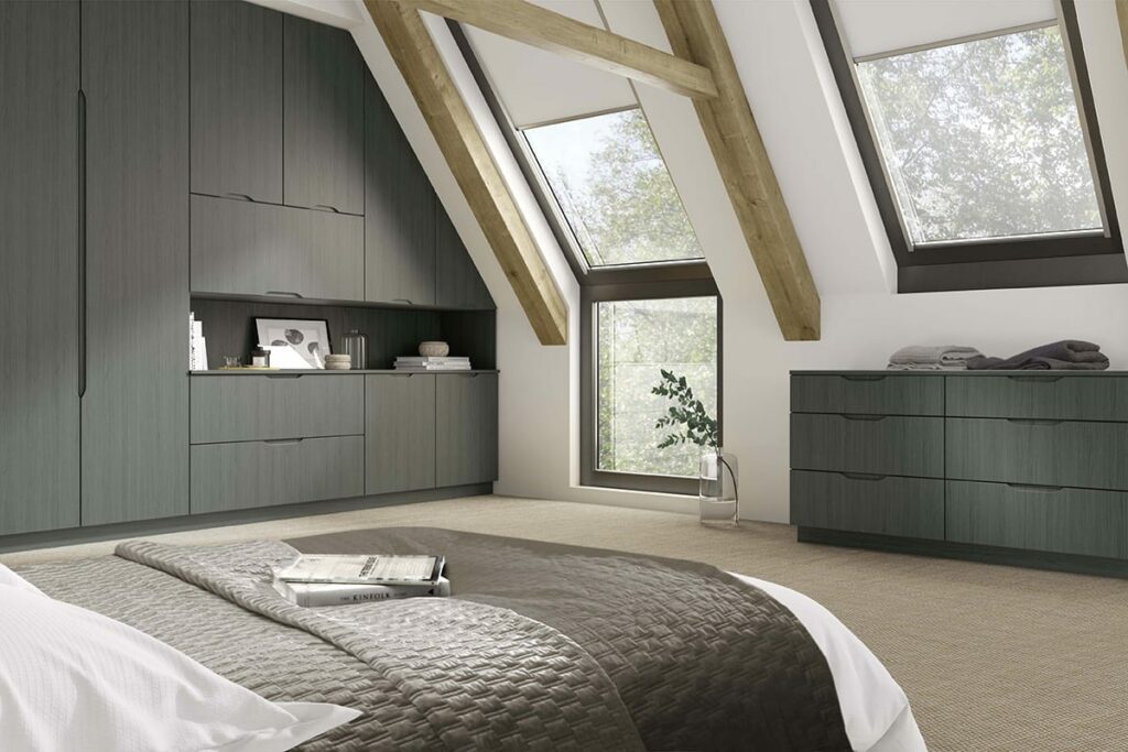 Modern Grey Oak Handleless Fitted Bedroom Furniture In Sloping Ceiling 1200 | Castle Bedrooms, Nottingham