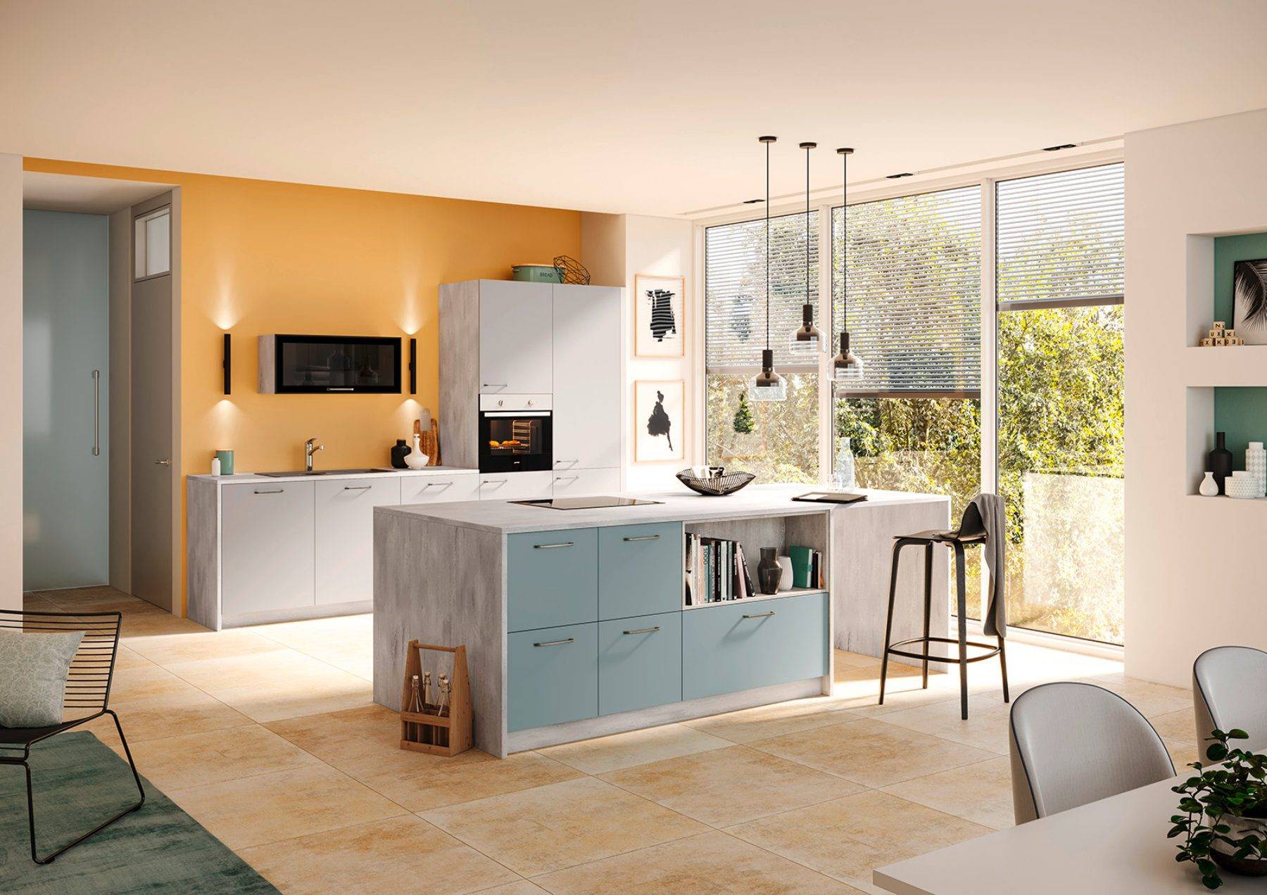 Brigitte Grey Pastel Blue Open Plan Kitchen | Kitchen Lifestyles, Hampshire