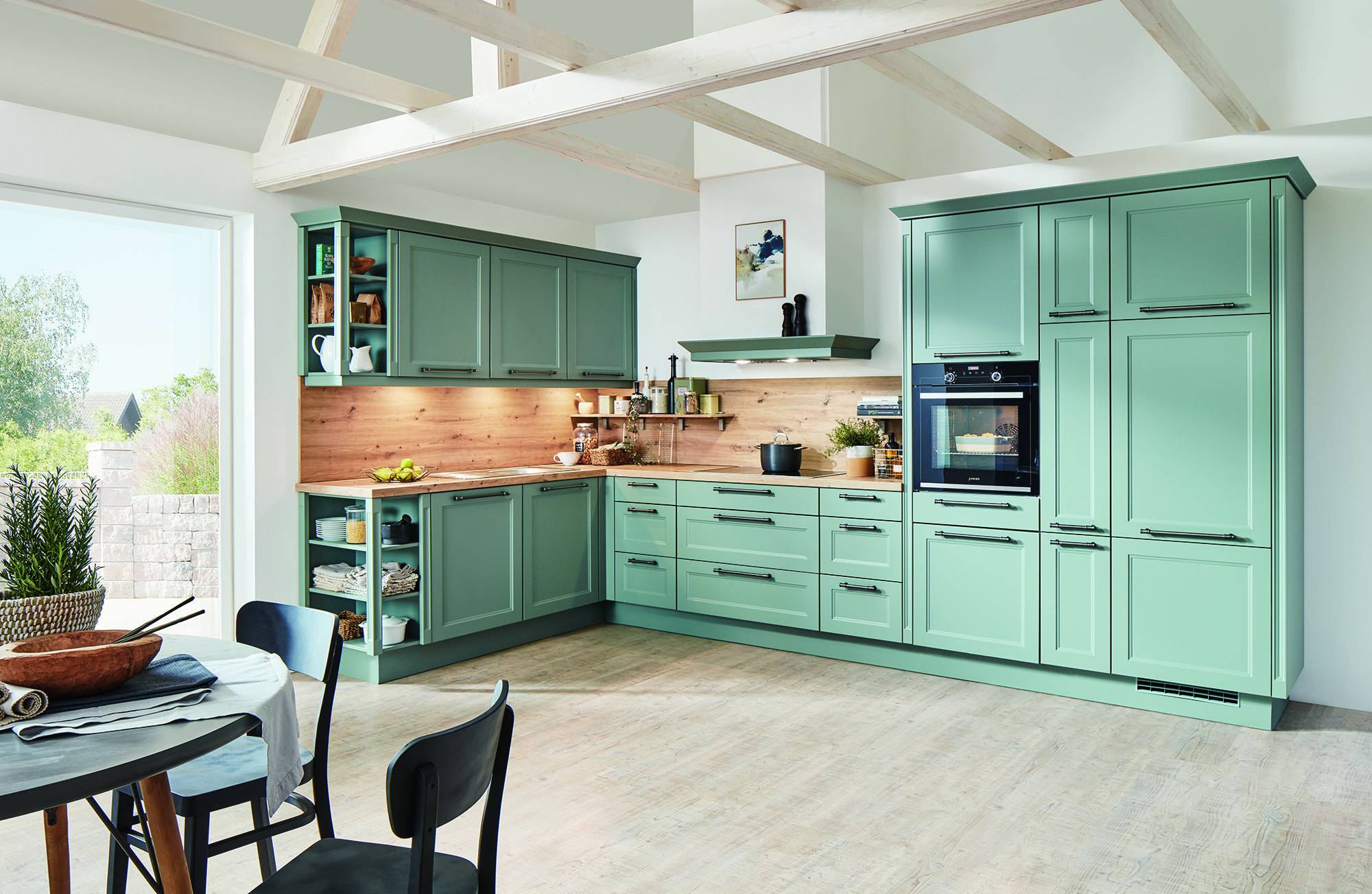 Xeno Matt Green Wood Shaker L Shaped Open Plan Kitchen 2021 | Kitchen Lifestyles, Hampshire