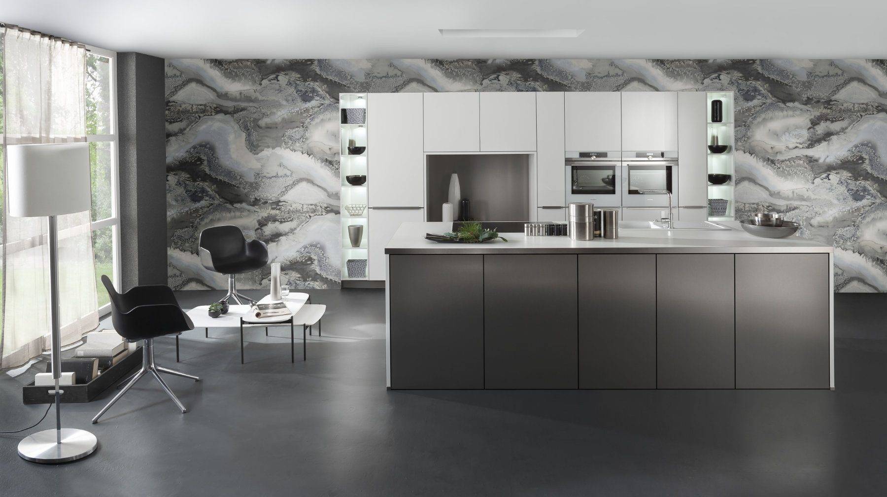 Bauformat Matt White Metallic Effect Kitchen With Island | Romans Haus, Uxbridge