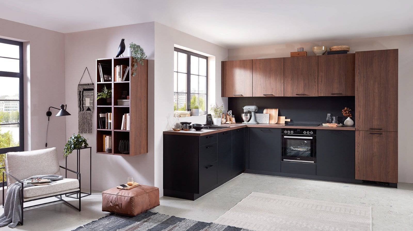 Nobilia Matt Black Wood Open Plan L Shaped Kitchen 2021 | Romans Haus, Uxbridge