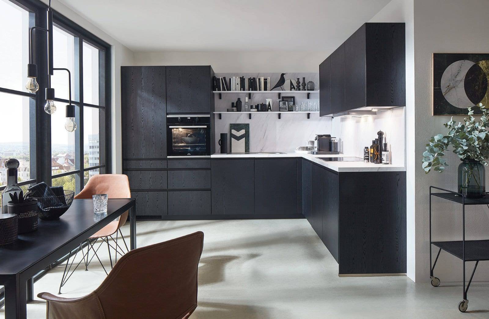 Nobilia Dark Wood L Shaped Handleless Kitchen 2021 | Romans Haus, Uxbridge
