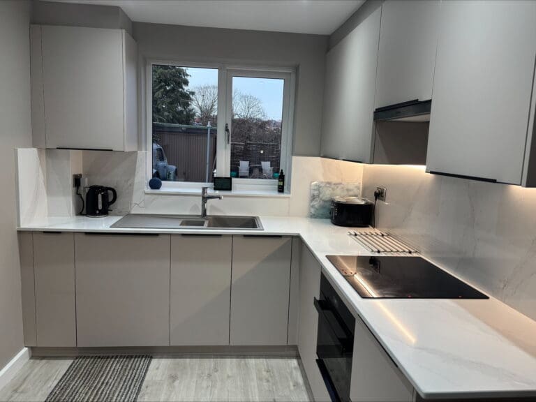 Modern Cashmere Kitchen with Calacatta Gold Worktops