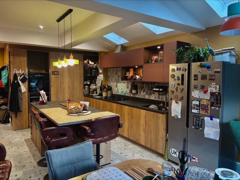 Eclectic Oak and Pink Handleless Kitchen