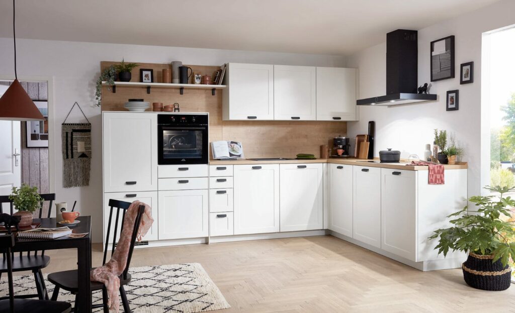 Nobilia Matt White Wood Shaker L Shaped Kitchen 2021 | Nobilia German Kitchens by Square, Sheffield