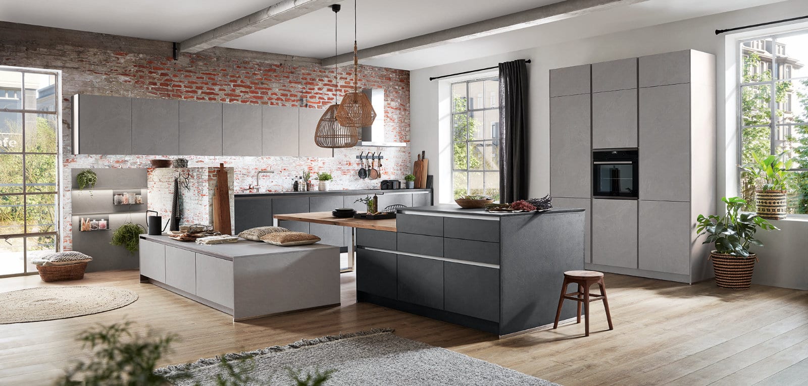 Nobilia Modern Concrete Handleless Open Plan Kitchen With Island 2021 | Nobilia German Kitchens by Square, Sheffield