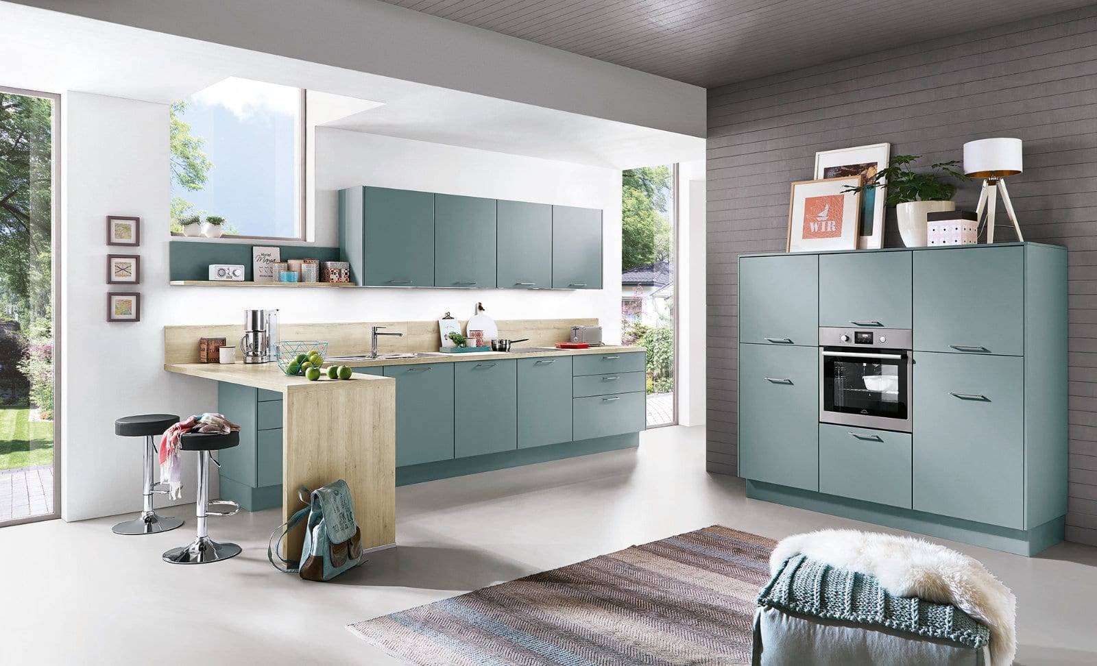 Nobilia Matt Blue Wood Open Plan Kitchen 2021 | Lead Wolf, Peterborough