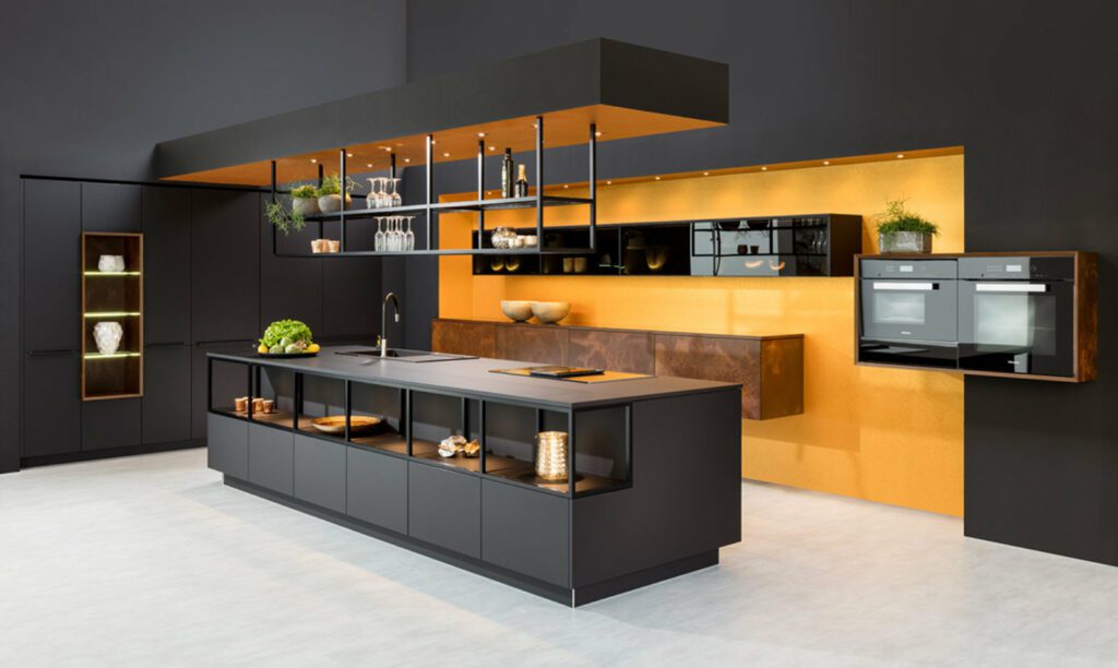 Rempp Modern Matt Black Ceramic Vibrant Handleless L Shaped Kitchen With Island | Haus12, Newcastle