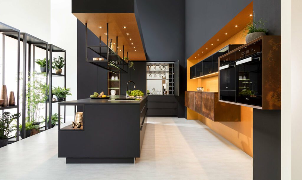 Rempp Modern Matt Black Ceramic Vibrant Handleless Open L Shaped Kitchen With Island | Haus12, Newcastle