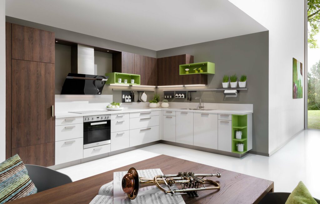 Rempp Modern White Gloss Vibrant Green Wood L Shaped Kitchen | Haus12, Newcastle