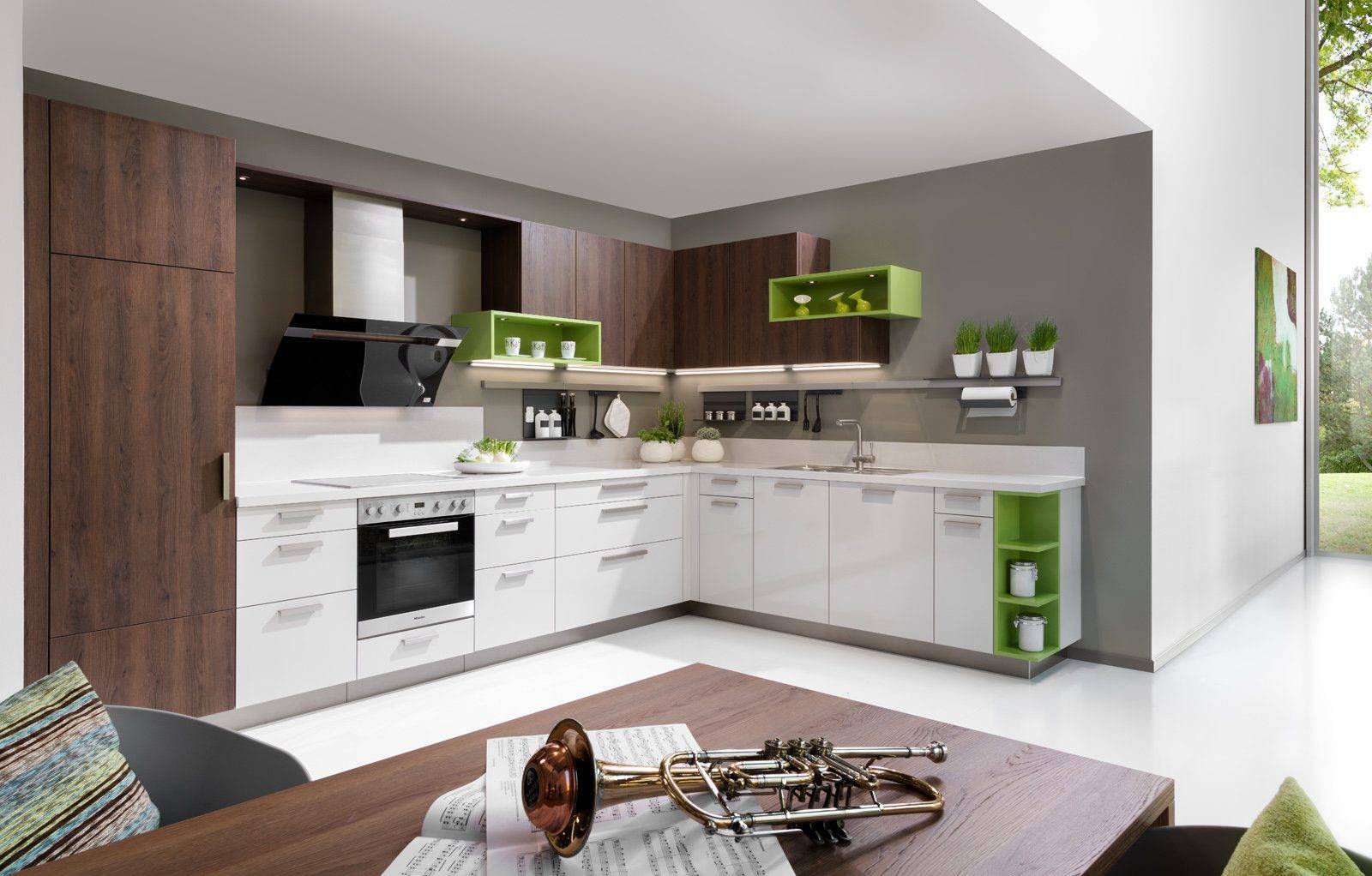 Rempp Modern White Gloss Vibrant Green Wood L Shaped Kitchen 1 | Haus12, Newcastle
