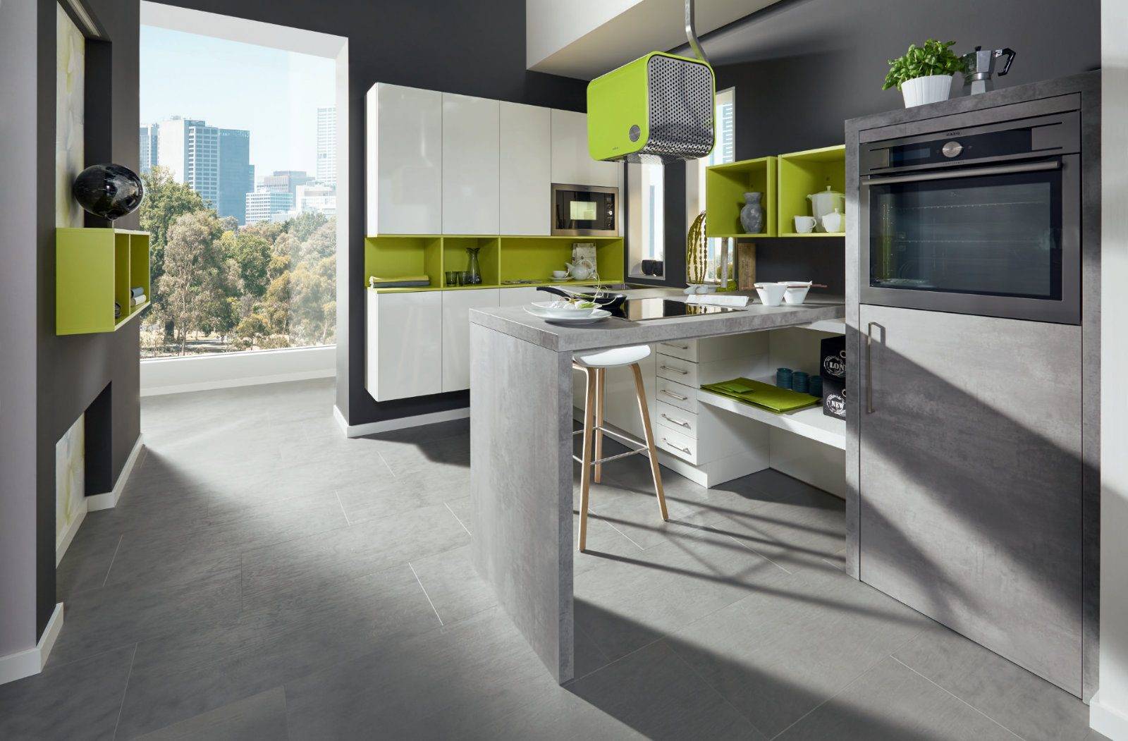 Sachsen Modern White Gloss Vibrant Green Grey Concrete Handleless Compact Kitchen | Haus12, Newcastle