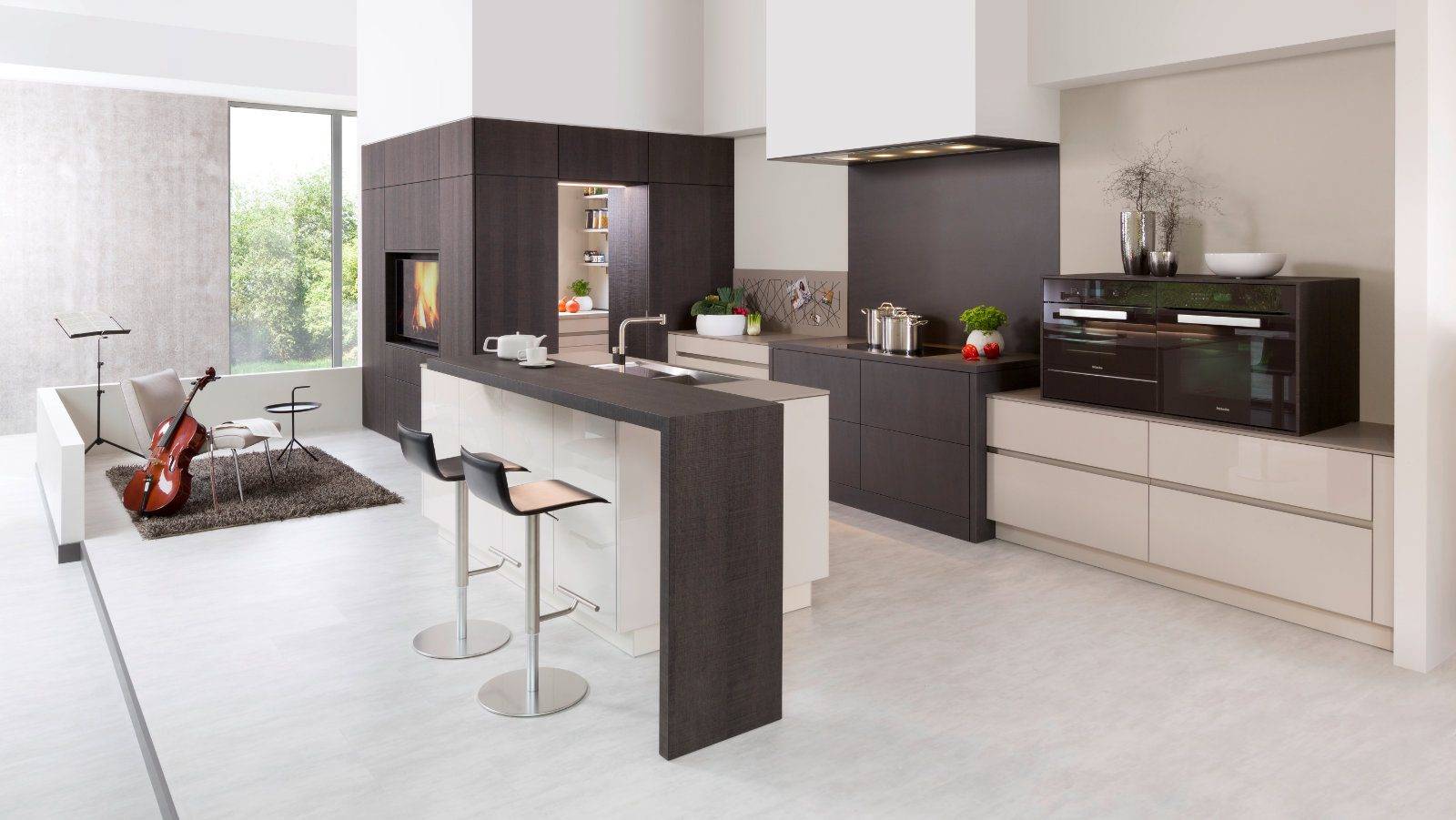 Rempp Dark Wood White Gloss Modern Handleless Open Plan Kitchen With Island | Haus12, Newcastle