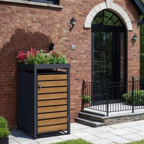 Teak Galvanized Steel Wheelie Bin Cover With Planter Top | Single