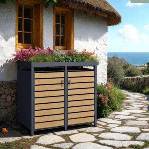 Teak Galvanized Steel Wheelie Bin Cover With Planter Top | Double