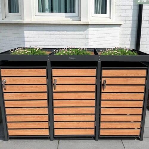 Teak Galvanized Steel Wheelie Bin Cover With Planter Top |Triple