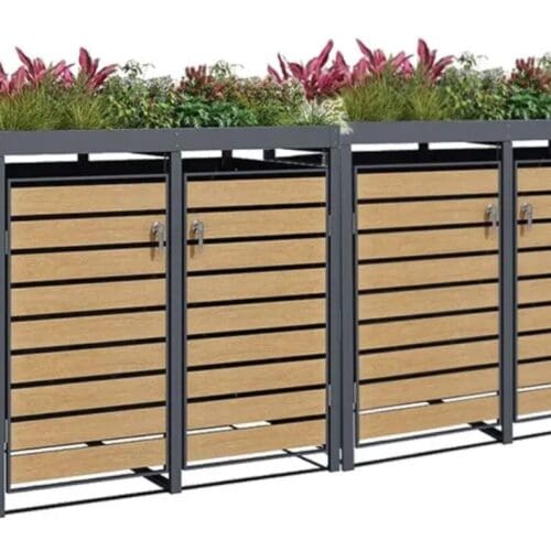 Teak Galvanized Steel Wheelie Bin Cover With Planter Top | Quad