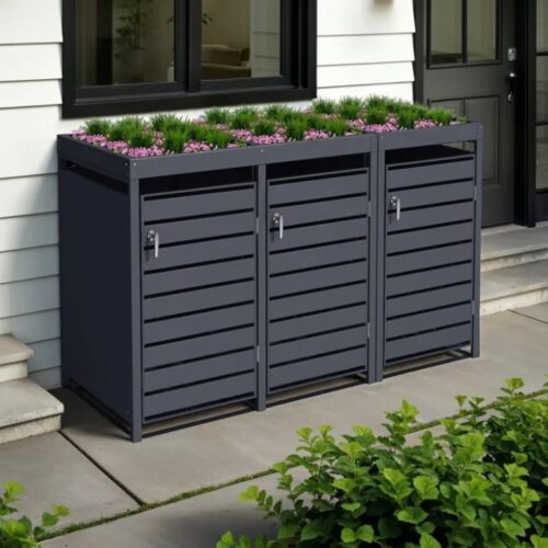 Slatted Galvanized Steel Wheelie Bin Cover + Planter | Anthracite | Triple