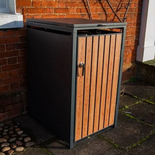 Slatted Galvanized Steel Wheelie Bin Cover | Teak Wood Effect | Single