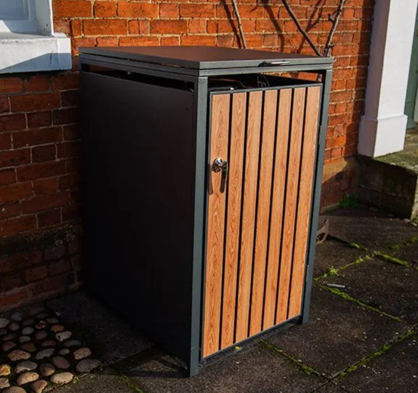 Slatted Galvanized Steel Wheelie Bin Cover | Teak Wood Effect | Single