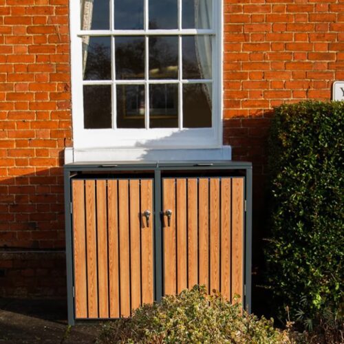 Slatted Panel Galvanised Steel Wheelie Bin Cover | Teak Wood Effect | Double