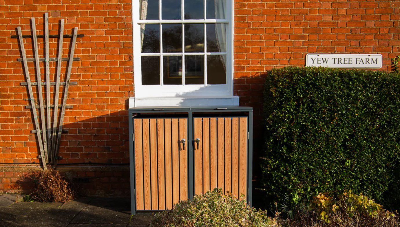Slatted Panel Galvanised Steel Wheelie Bin Cover | Teak Wood Effect | Double