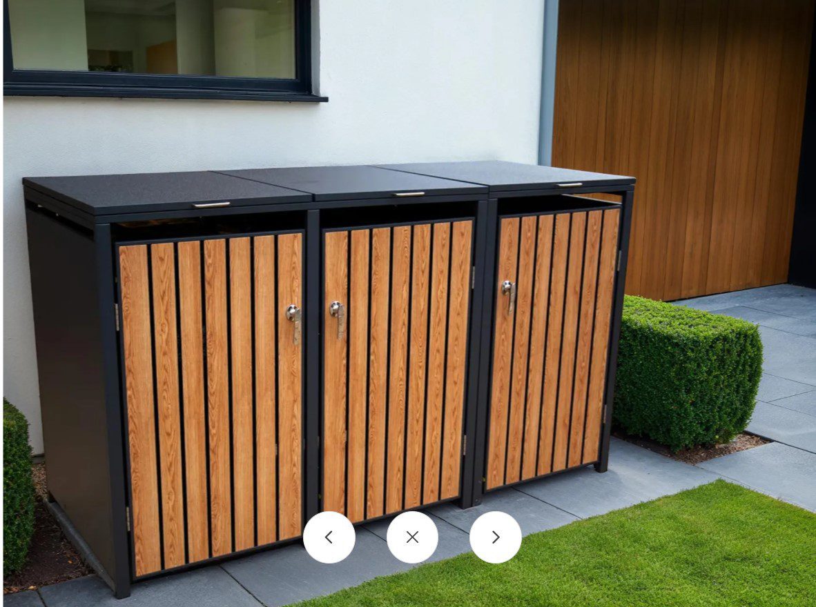 Slatted Panel Galvanised Steel Wheelie Bin Cover | Teak Wood Effect | Triple