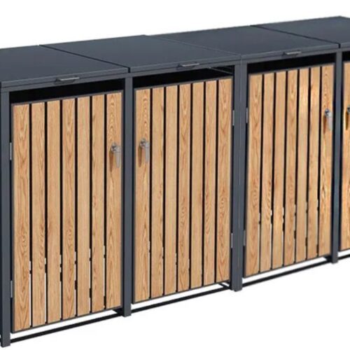 Slatted Panel Galvanised Steel Wheelie Bin Cover | Teak Wood Effect | Quad