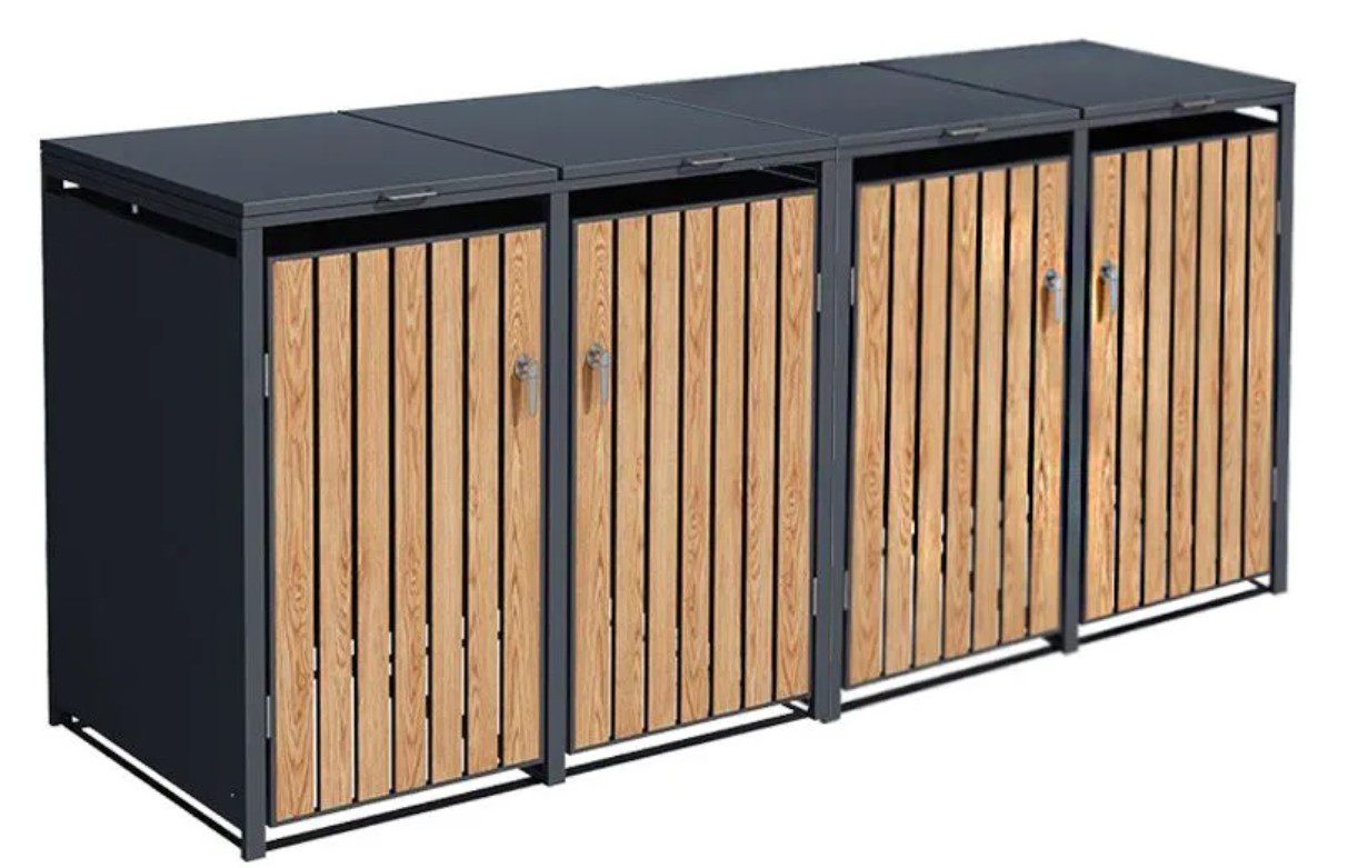 Slatted Panel Galvanised Steel Wheelie Bin Cover | Teak Wood Effect | Quad
