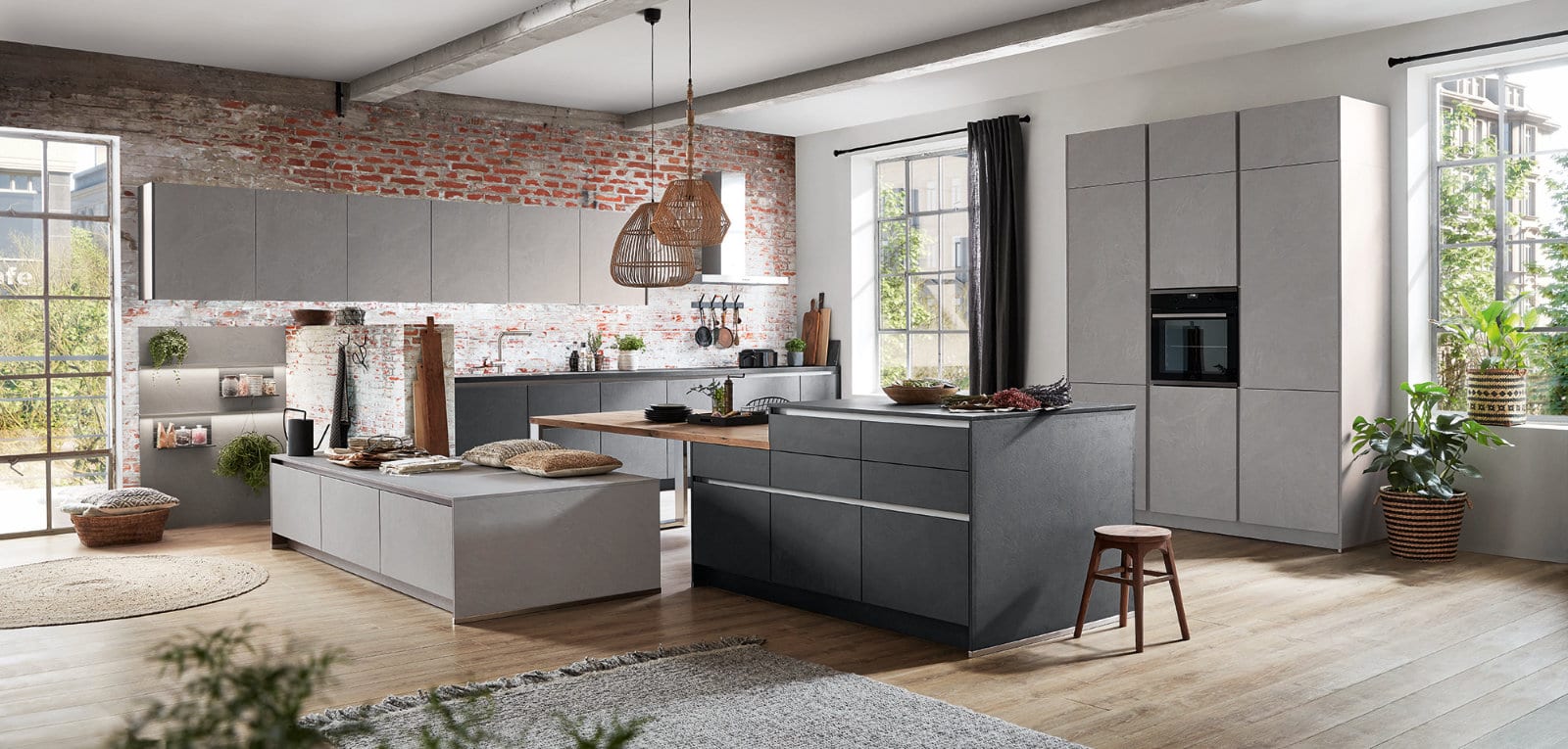 Nobilia Modern Concrete Handleless Open Plan Kitchen With Island 2021 | Osborne Interiors, Chiswick