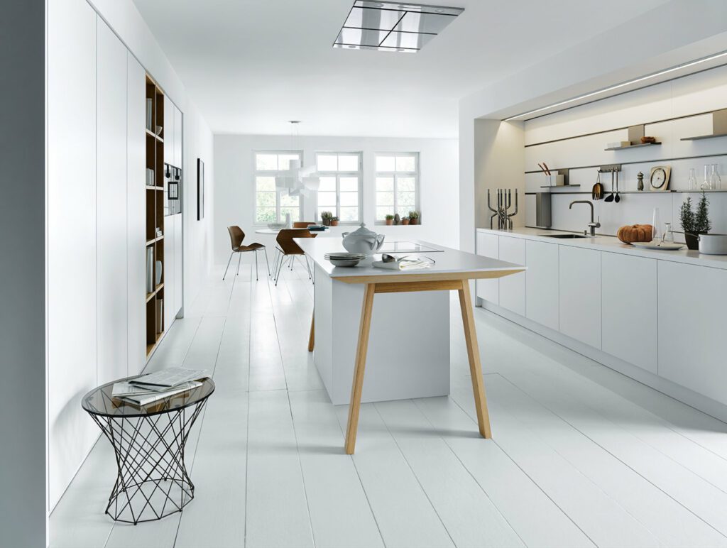 Next125 Matt White Handleless Modern Open Plan Kitchen With Island 1 | Osborne Interiors, Chiswick