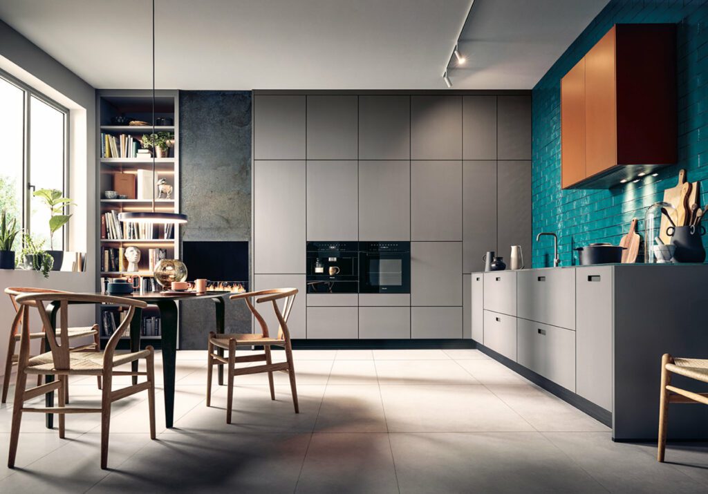 Next125 Modern Matt Grey Handleless Open Plan L Shaped Kitchen | Osborne Interiors, Chiswick