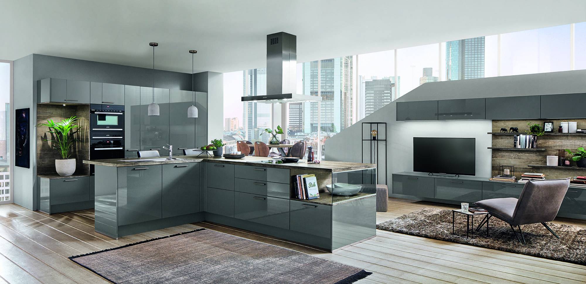 Nobilia Modern Grey Gloss Open Plan Kitchen With Island 2021 2 | Osborne Interiors, Chiswick