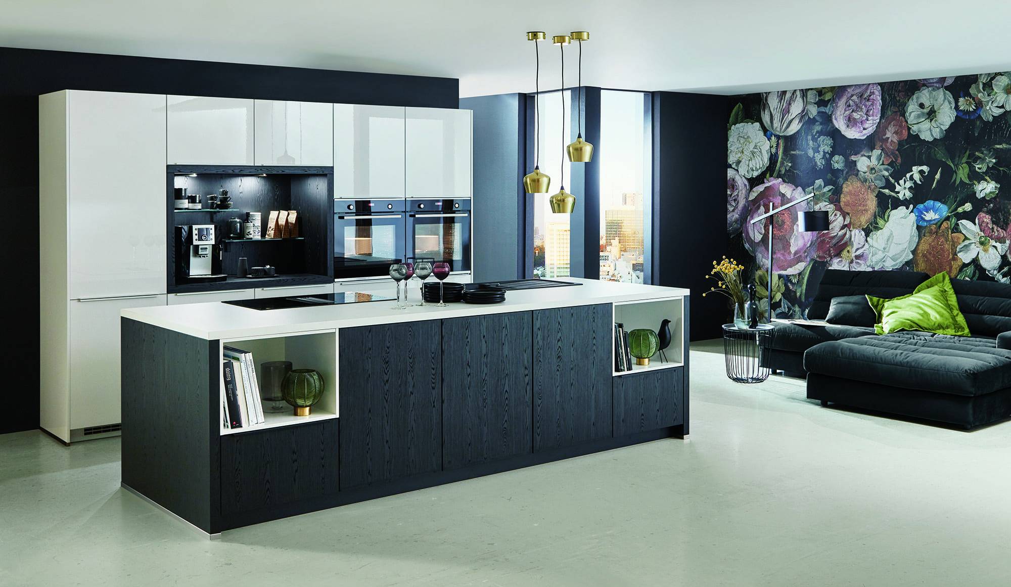 Nobilia White Gloss Dark Wood Handleless Kitchen With Island 2021 | Osborne Interiors, Chiswick