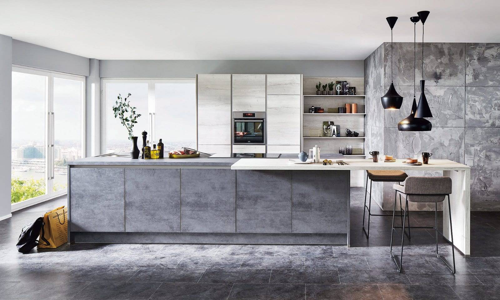 Nobilia Modern Concrete Open Plan Handeless Kitchen With Island 2021 1 | German Kitchen Installation, Beverley 
