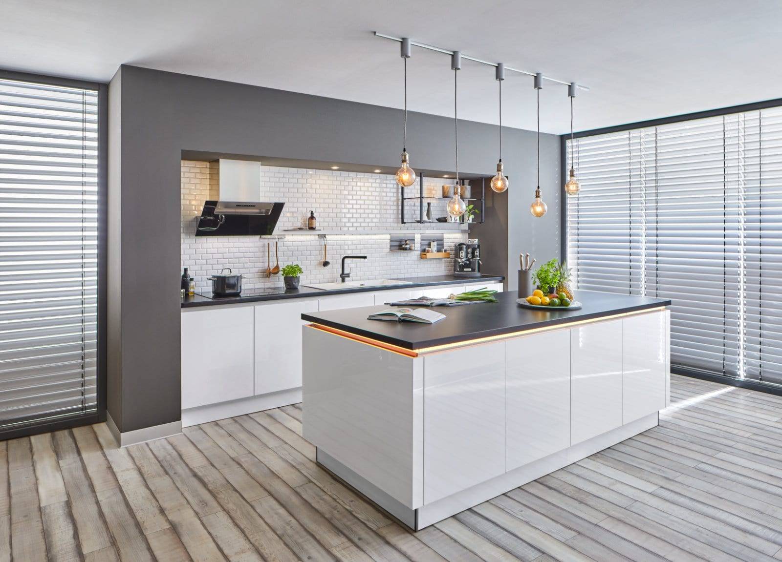Stormer White Gloss Compact Handleless Kitchen With Island | Fairway Interiors, Hertford