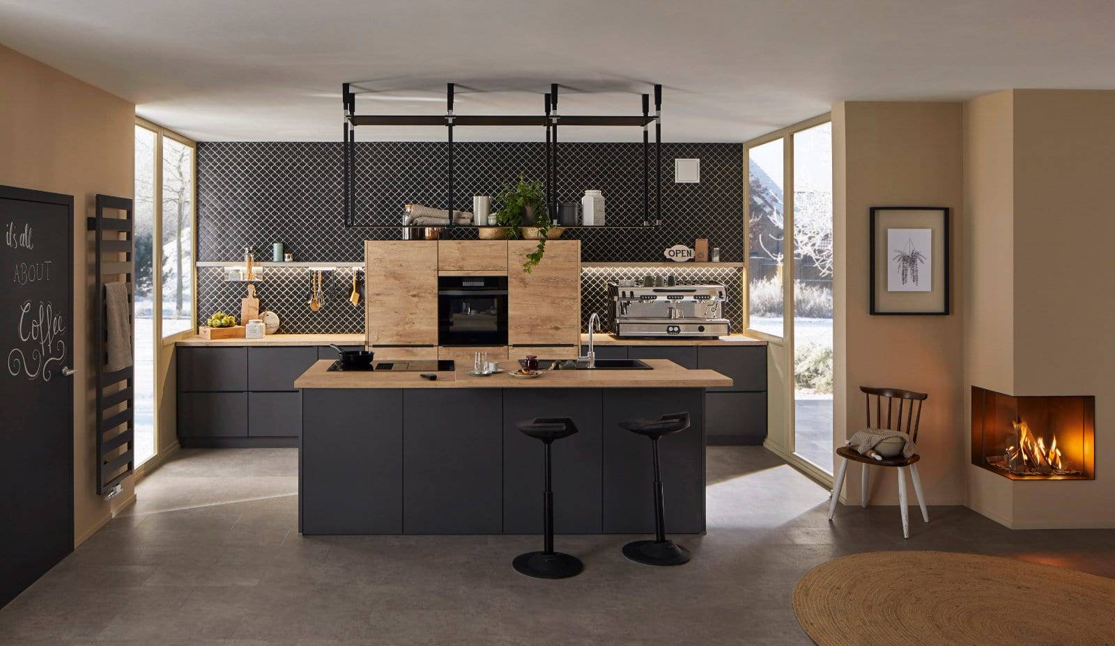 Stormer Matt Black Wood Open Plan Kitchen With Island 2 | Fairway Interiors, Hertford