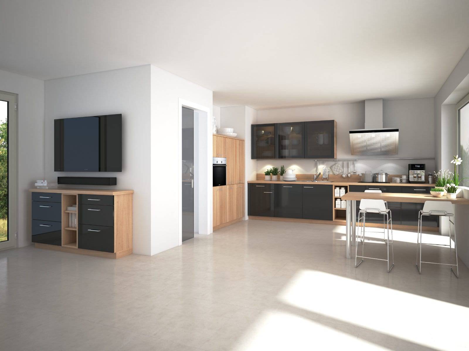 Stormer Black Gloss Wood Open Plan L Shaped Kitchen | Fairway Interiors, Hertford