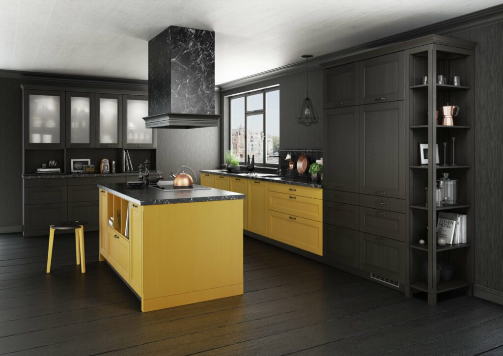 Bauformat Black Yellow Shaker L Shaped Kitchen With Island 1 | Zara Kitchen Design, Wokingham