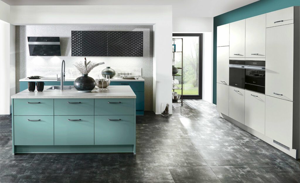 Brigitte Matt Aqua White Kitchen 1 | Zara Kitchen Design, Wokingham