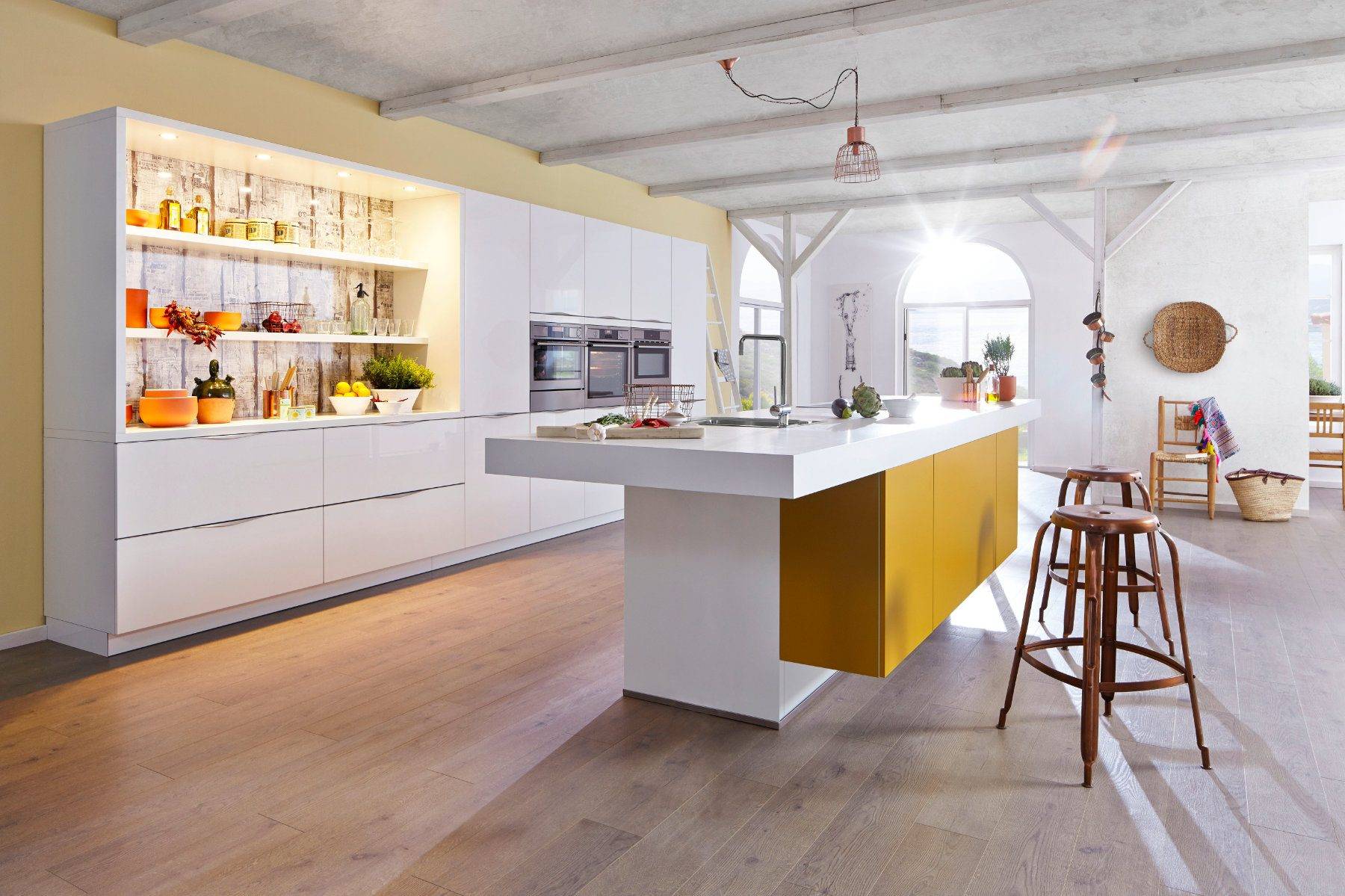 Bauformat White Gloss Mustard Open Plan Kitchen With Island 2 | Zara Kitchen Design, Wokingham